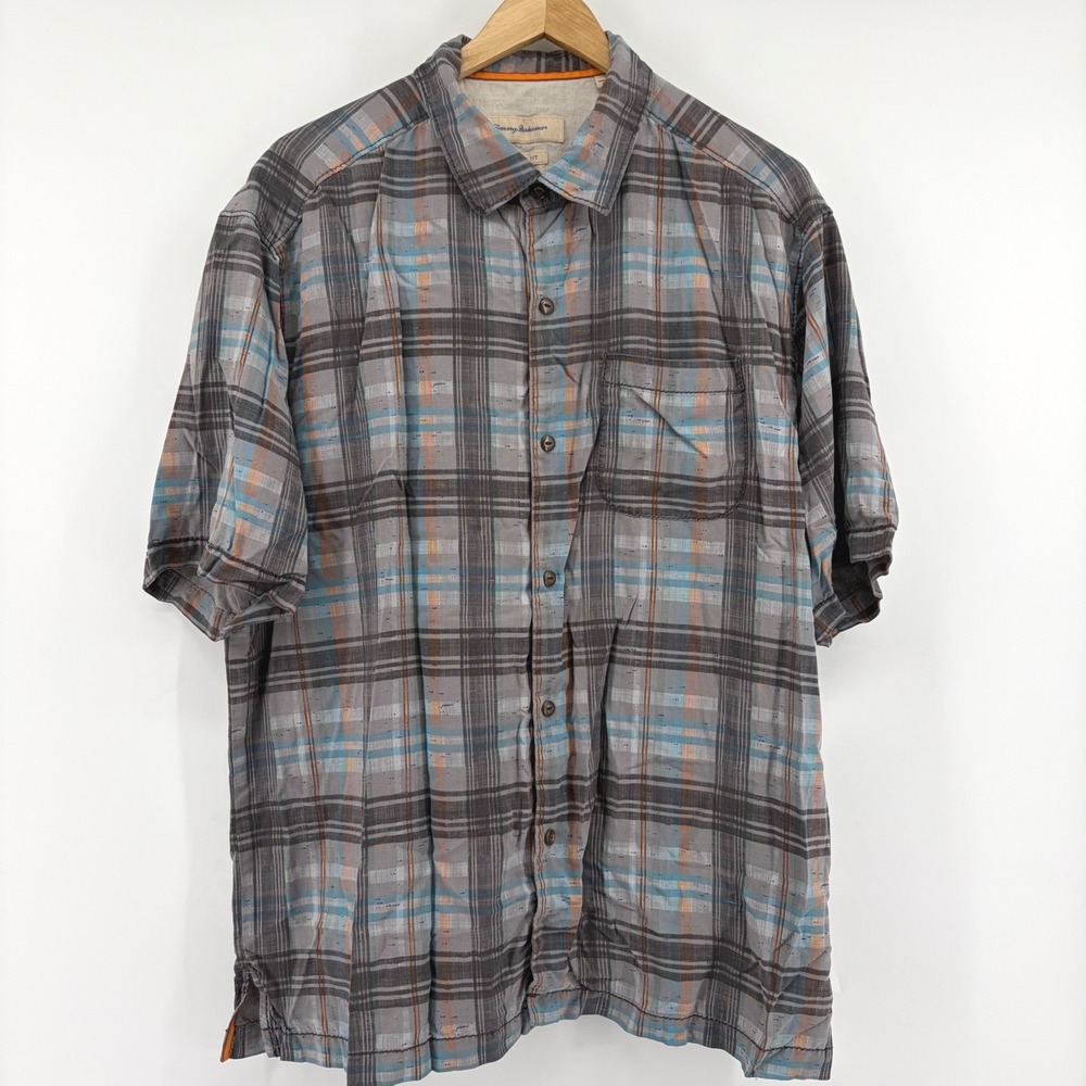 Tommy Bahama Mens Large 100% Silk Plaid Short Sleeve Button Up Shirt Grey Blue - Picture 3 of 8